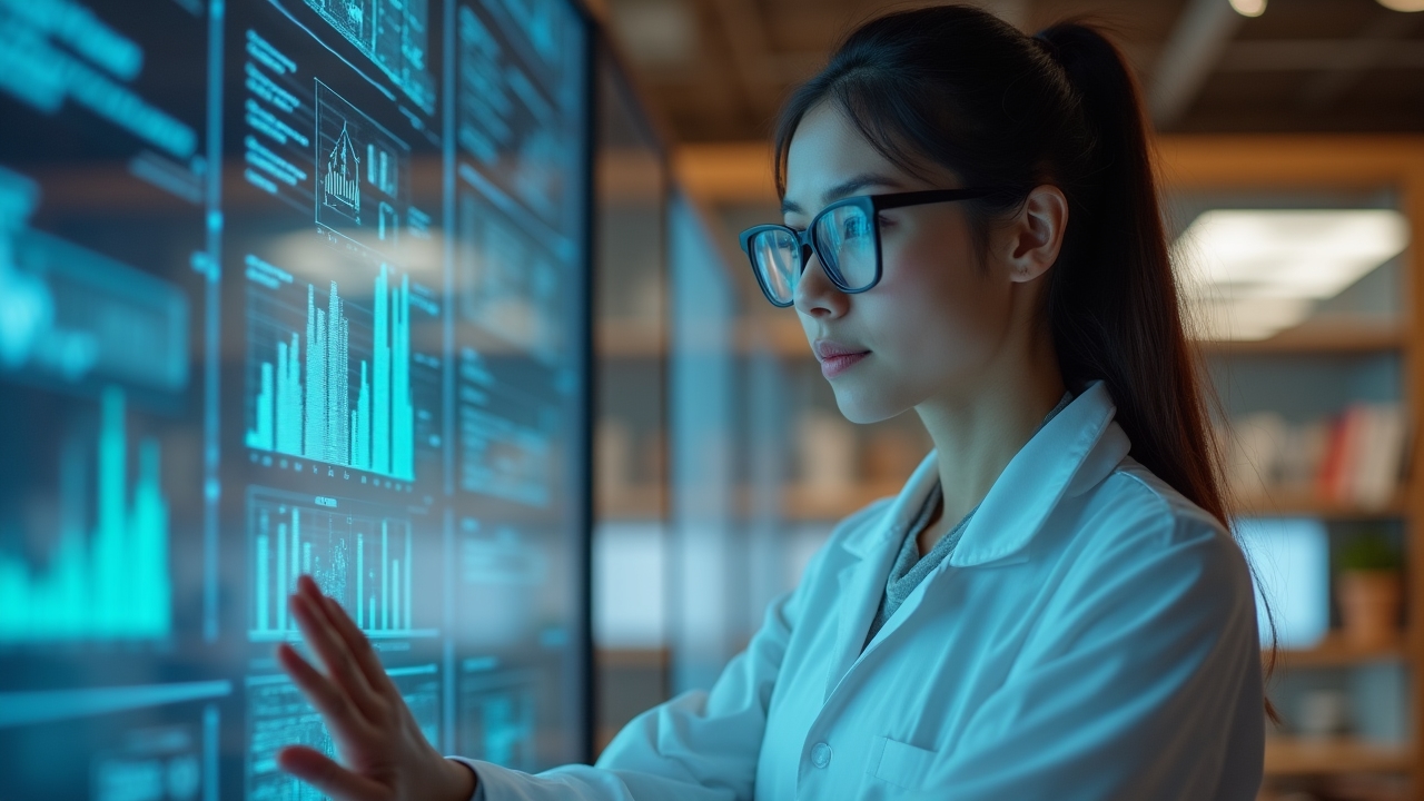 Female scientist analyzing data visualizations